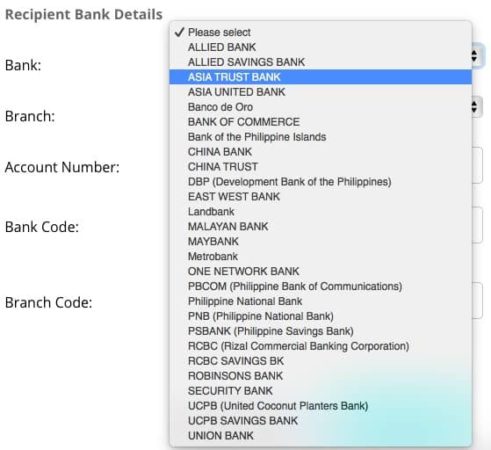Bank List for Recipients