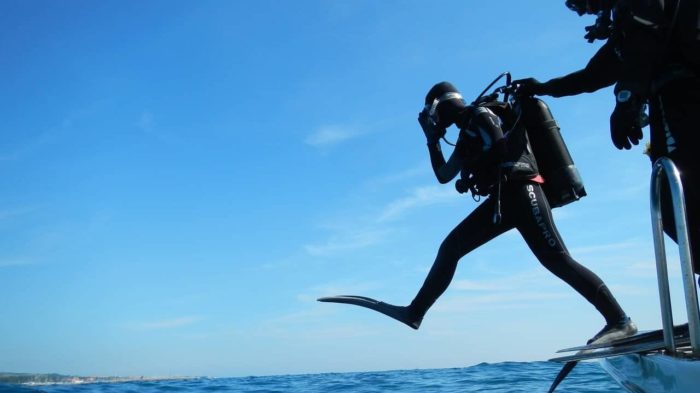 Una persona con equipo de buceo salta de un barco al agua.