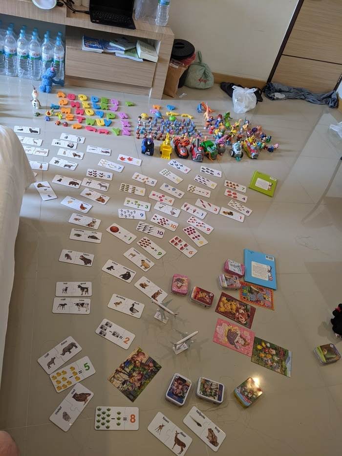 Toys on the floor of a hotel room
