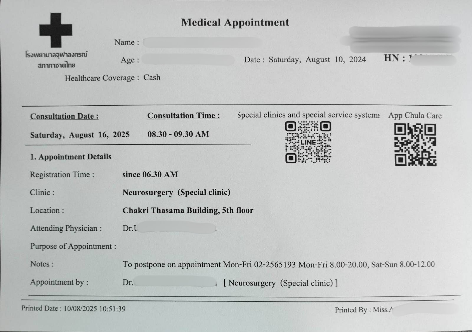 Chulalongkorn Hospital appointment slip