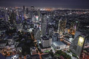 Bangkok business district skyline at night