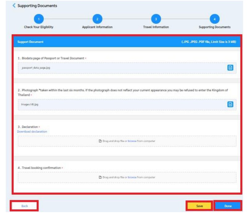 The supporting documents upload screen on the Thailand e-Visa portal
