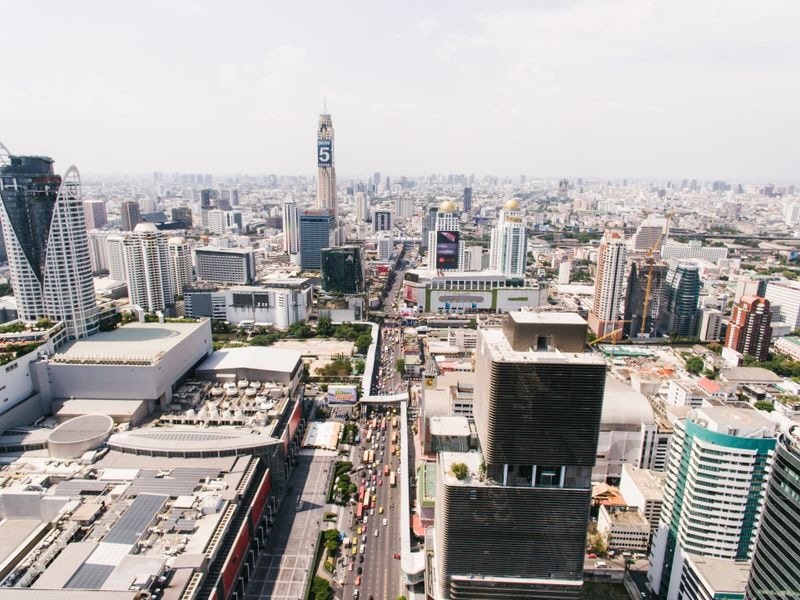 Aerial view of central Bangkok looking toward Baiyoke Tower