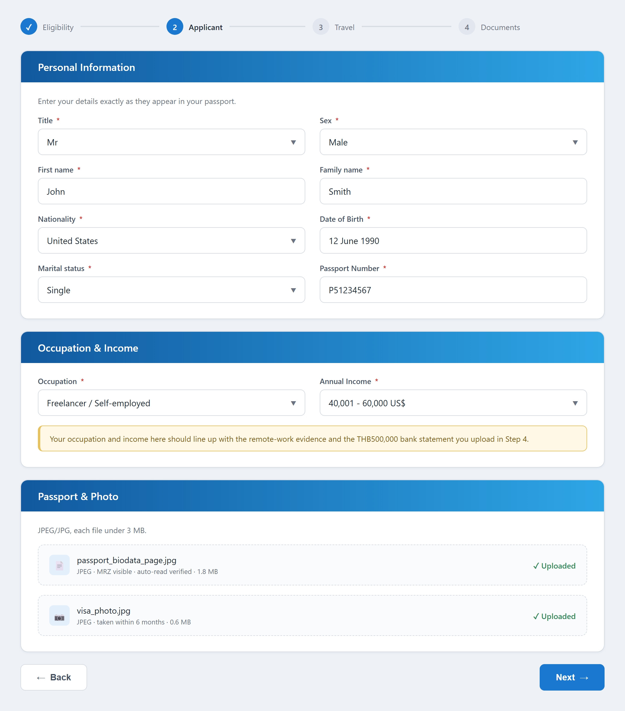 Thai eVisa dtv visa application Step 2: Applicant information
