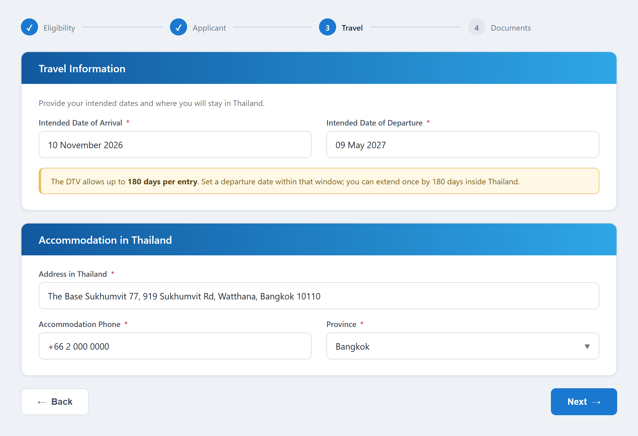 Thai eVisa dtv visa application Step 3: Travel and accommodation