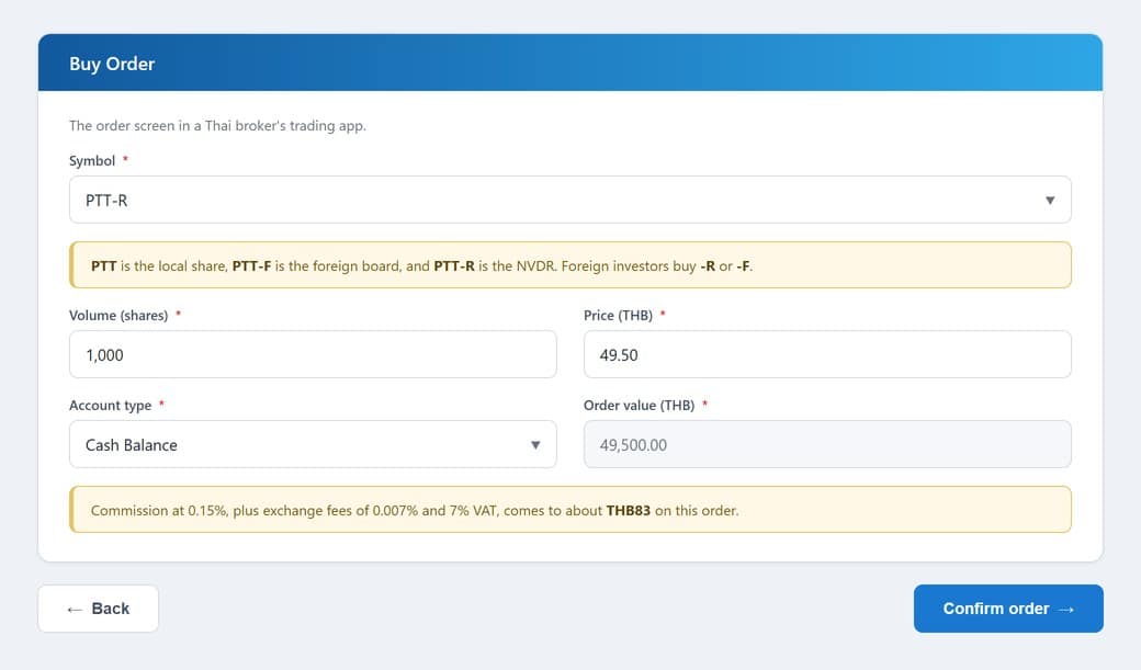 Illustration of a buy order screen showing the PTT-R ticker