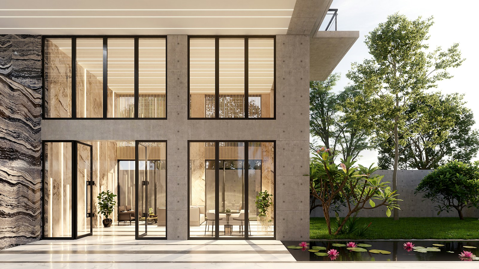 Modern villa with a garden and pond, the kind of house foreigners often hold through a Thai company