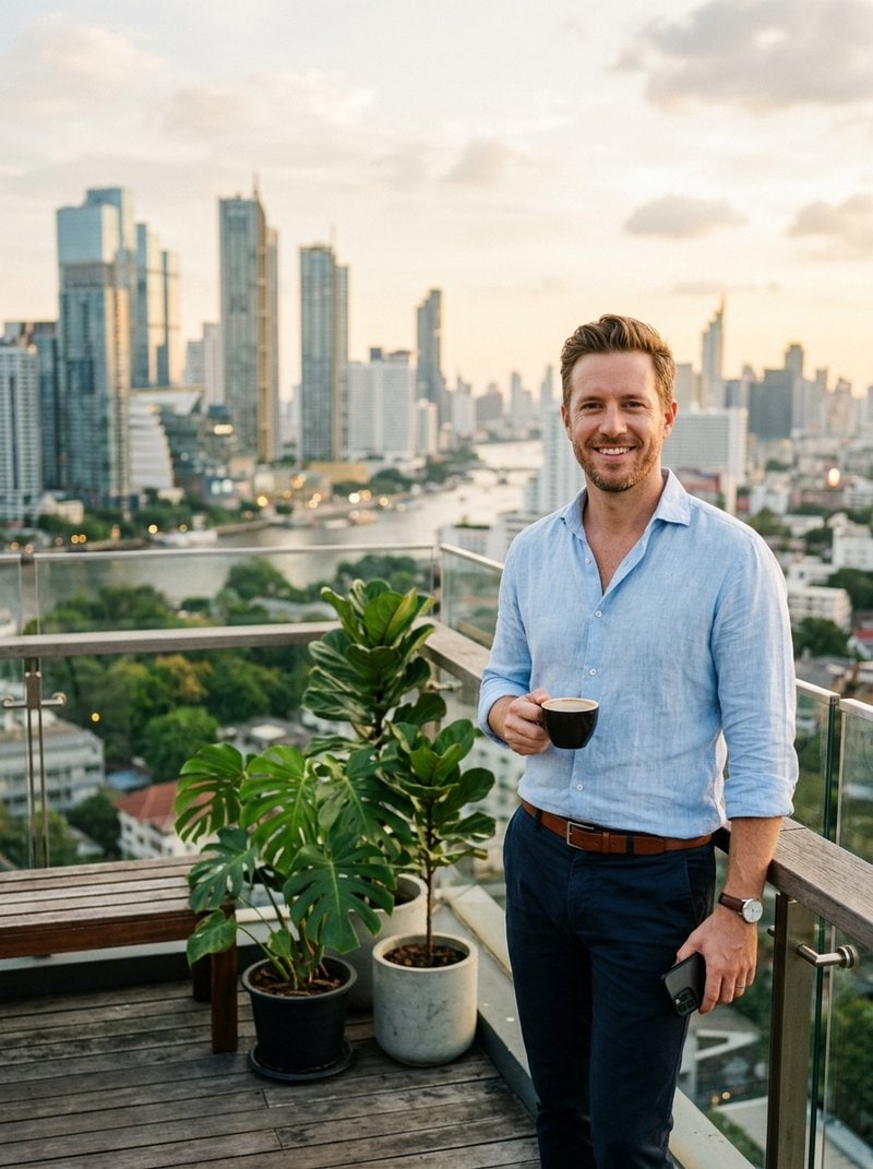A smiling expat business owner on a rooftop terrace with the Bangkok skyline behind him