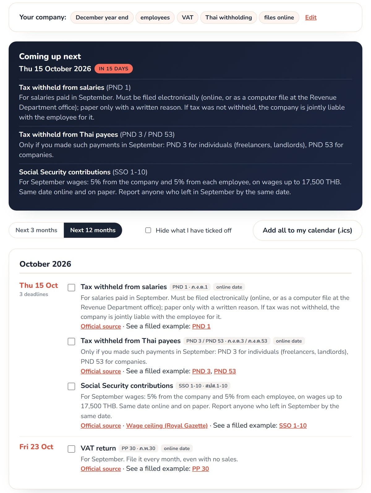 Compliance Calendar: your next deadlines, dated for your company, each with a link to a filled example.