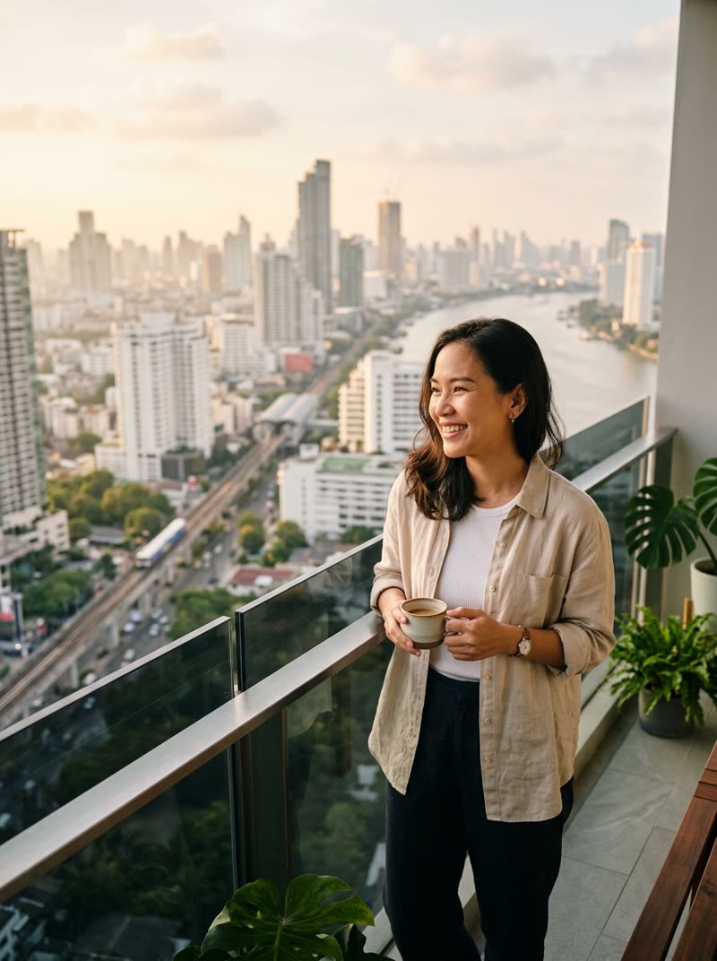 A happy expat on a Bangkok condo balcony overlooking the city skyline
