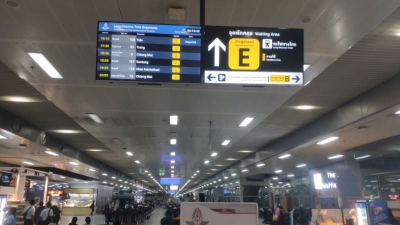 Long-distance train departure board in the Krung Thep Aphiwat concourse