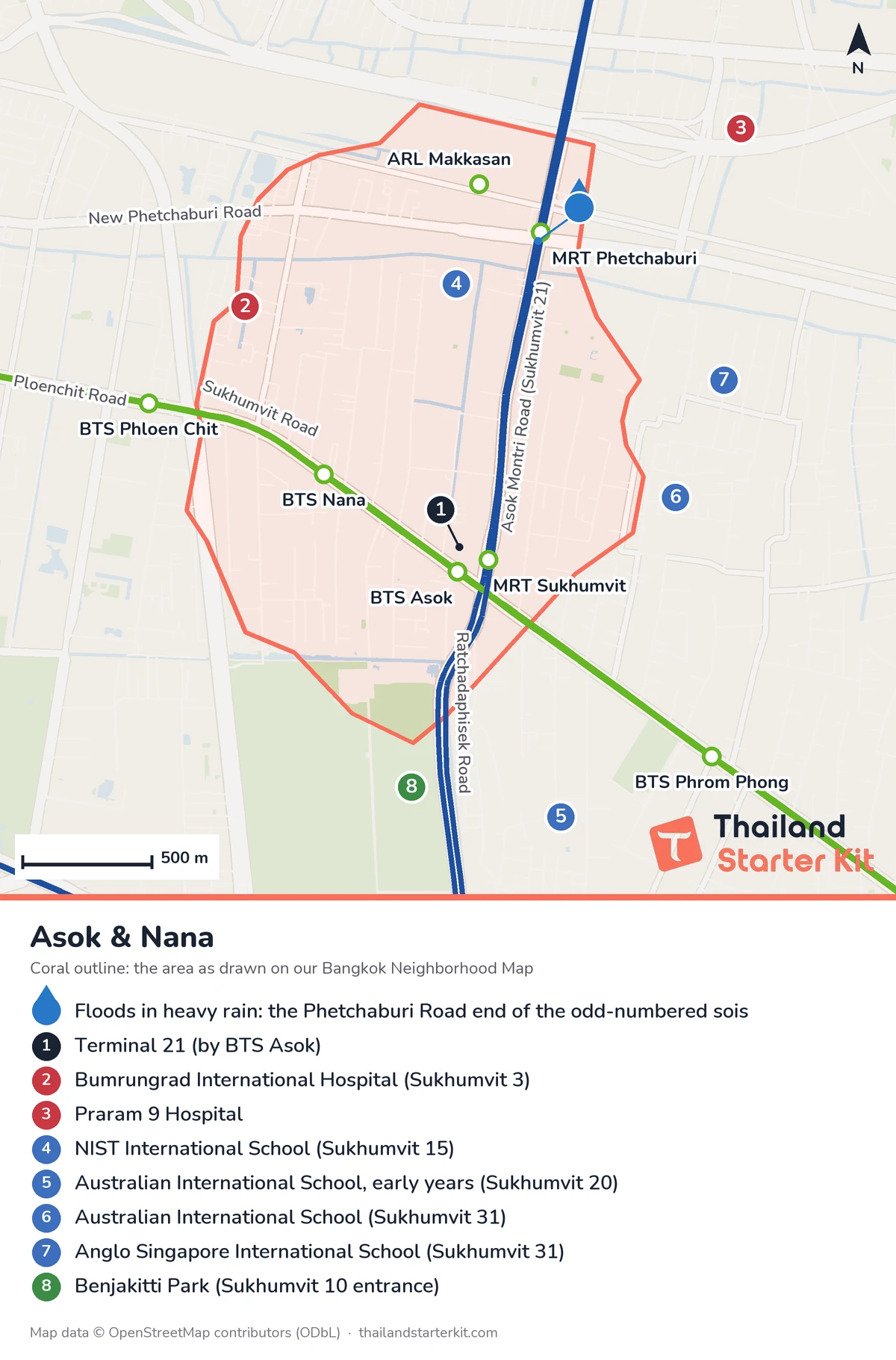 Map of Asok and Nana, Bangkok, with BTS, MRT and Airport Rail Link stations, main roads, Terminal 21, hospitals, international schools and Benjakitti Park