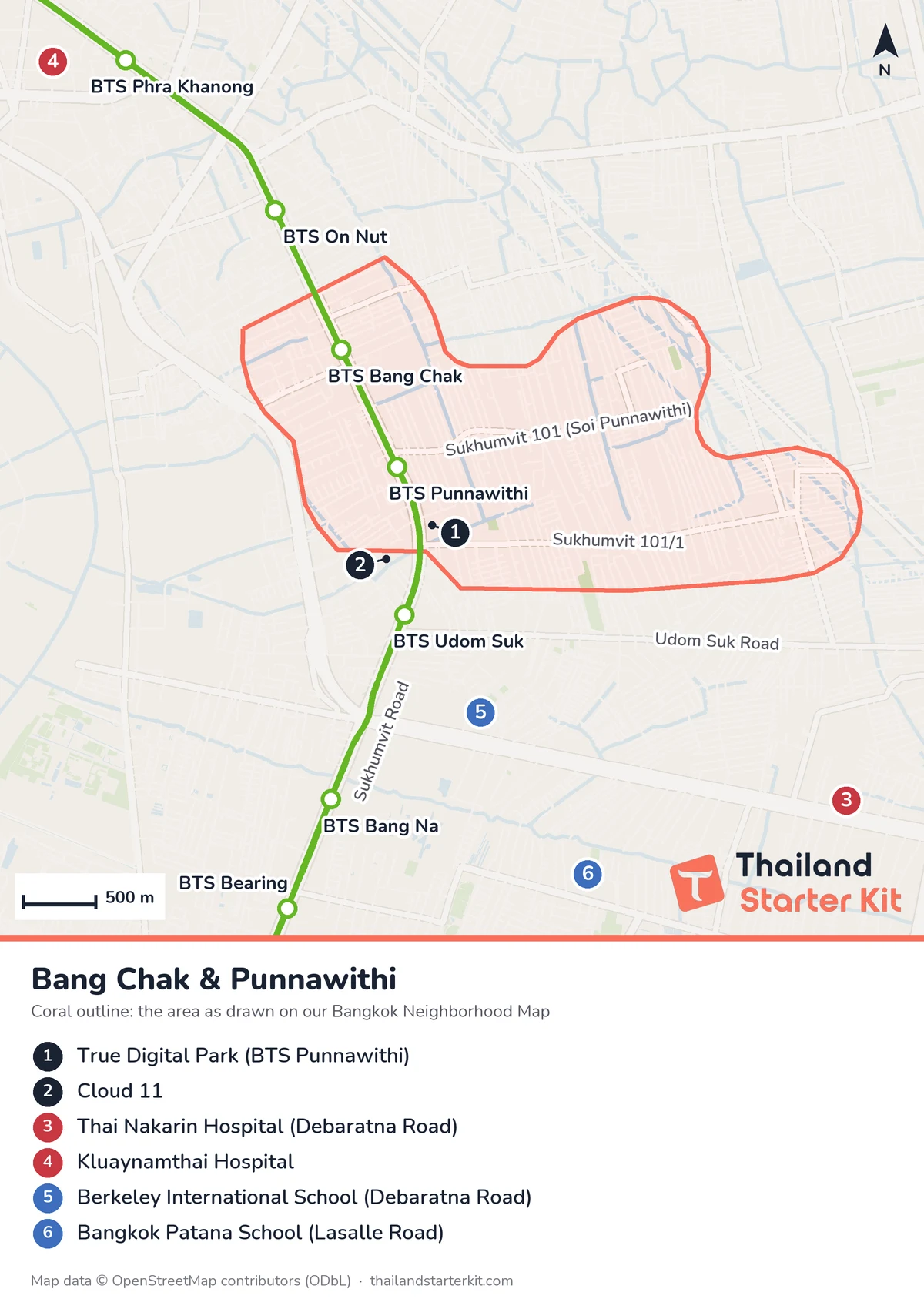 Map of Bang Chak and Punnawithi, Bangkok, showing the neighborhood outline, BTS stations, True Digital Park, Cloud 11, hospitals and international schools