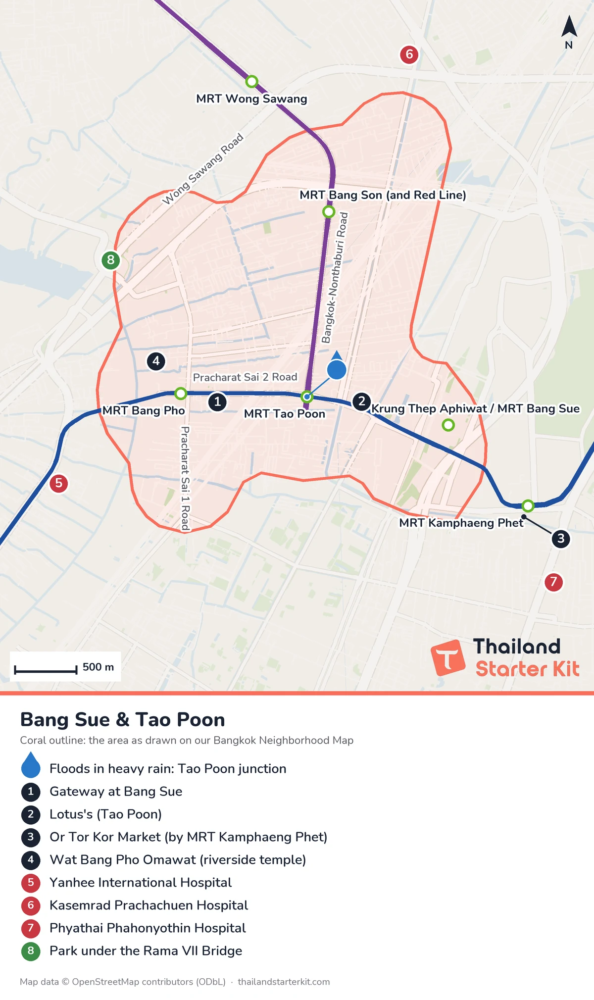 Map of Bang Sue and Tao Poon in Bangkok with MRT and Red Line stations, Gateway at Bang Sue, hospitals and the Tao Poon flood spot