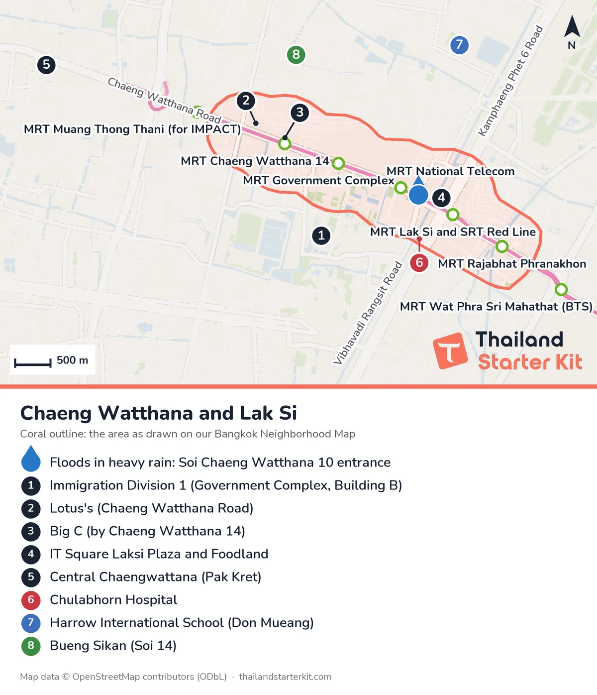 Map of Chaeng Watthana and Lak Si showing the Pink Line stations, the Government Complex immigration office, supermarkets, Chulabhorn Hospital, Harrow school and Bueng Sikan