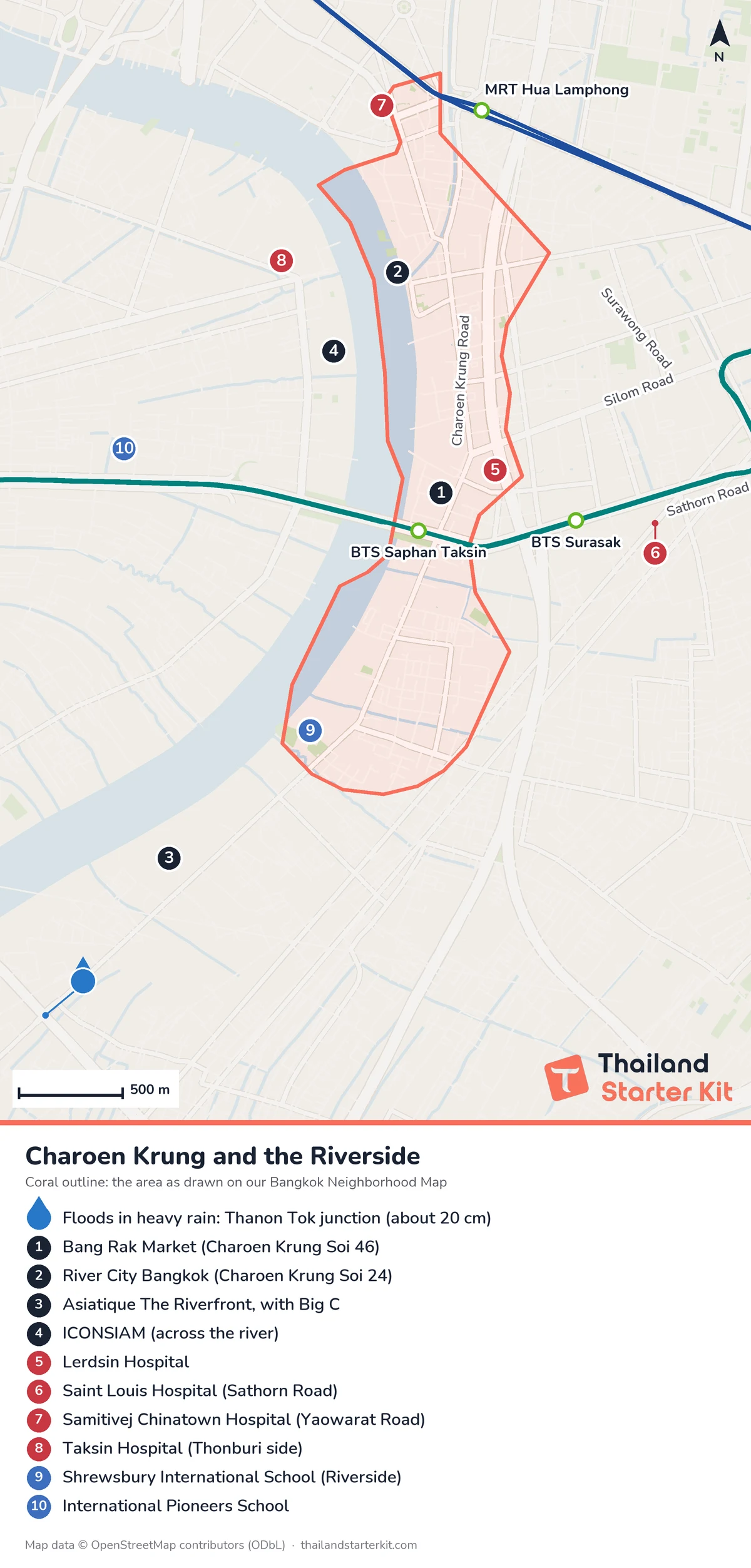 Map of Charoen Krung and the Riverside in Bangkok showing BTS Saphan Taksin, MRT Hua Lamphong, the Chao Phraya, markets, hospitals and international schools