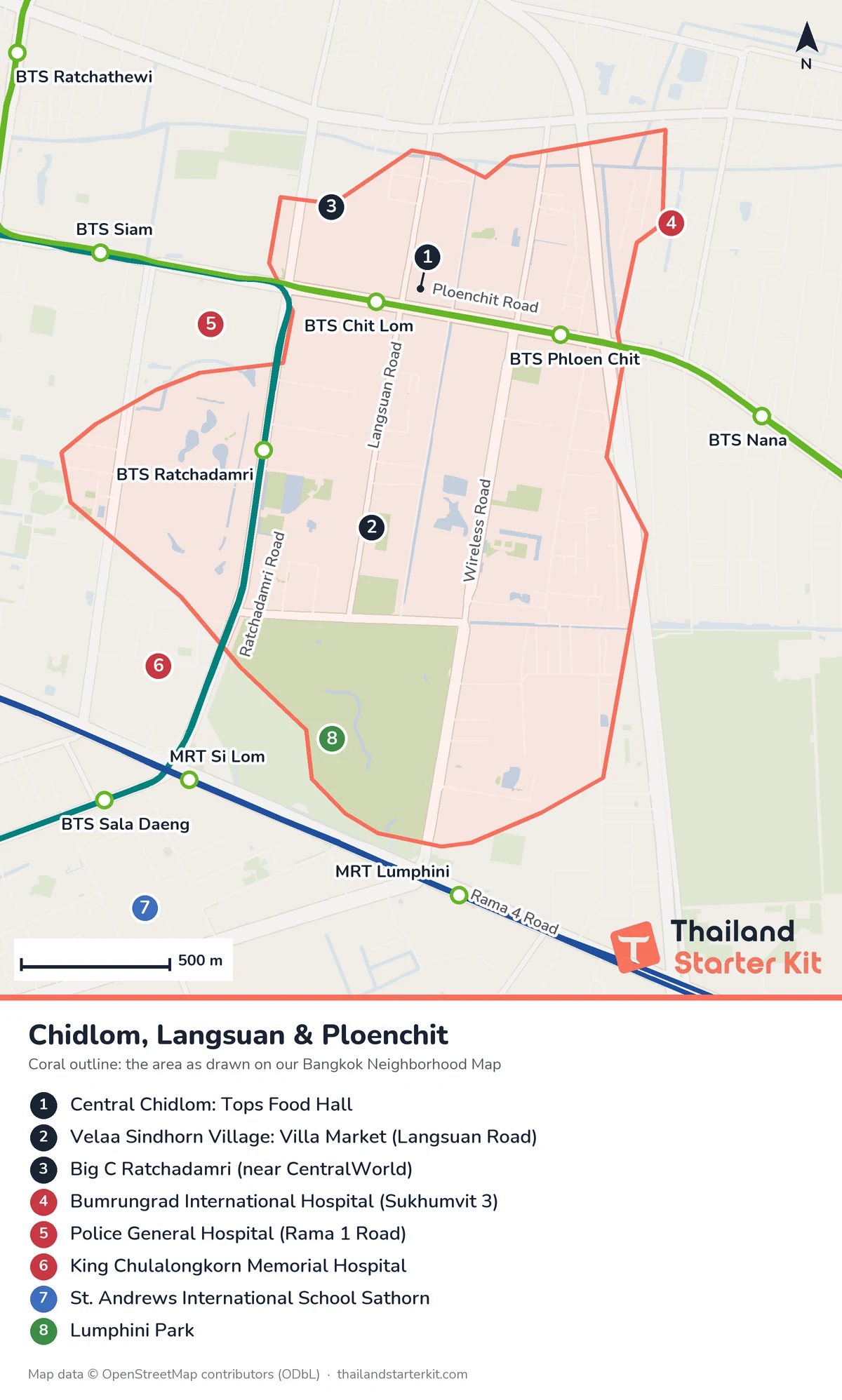 Map of Chidlom, Langsuan and Ploenchit in Bangkok, with BTS and MRT stations, main roads, supermarkets, hospitals, St. Andrews Sathorn and Lumphini Park