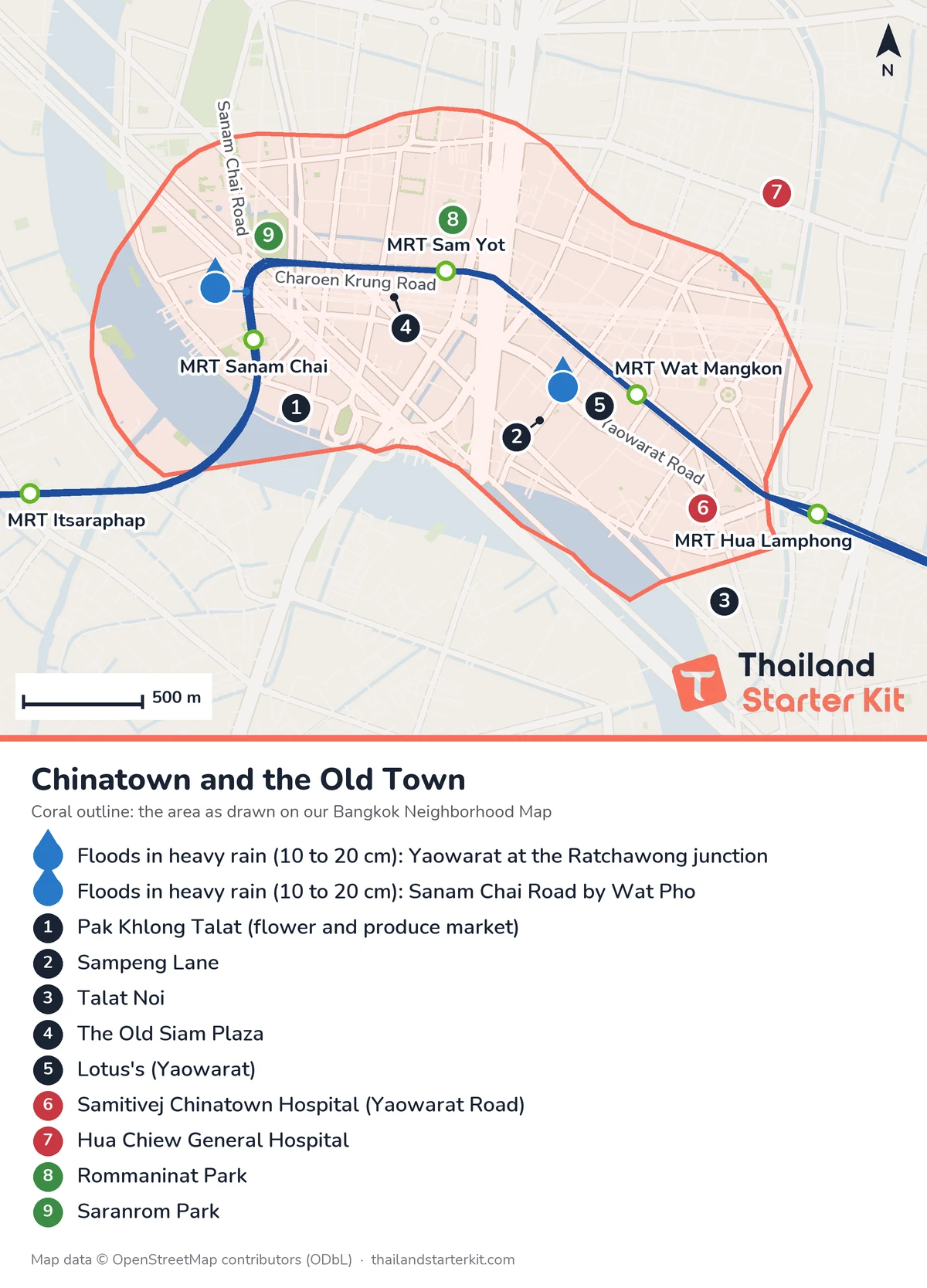 Map of Chinatown and the old town in Bangkok showing MRT Blue Line stations, Yaowarat Road, markets, hospitals, parks and flood spots