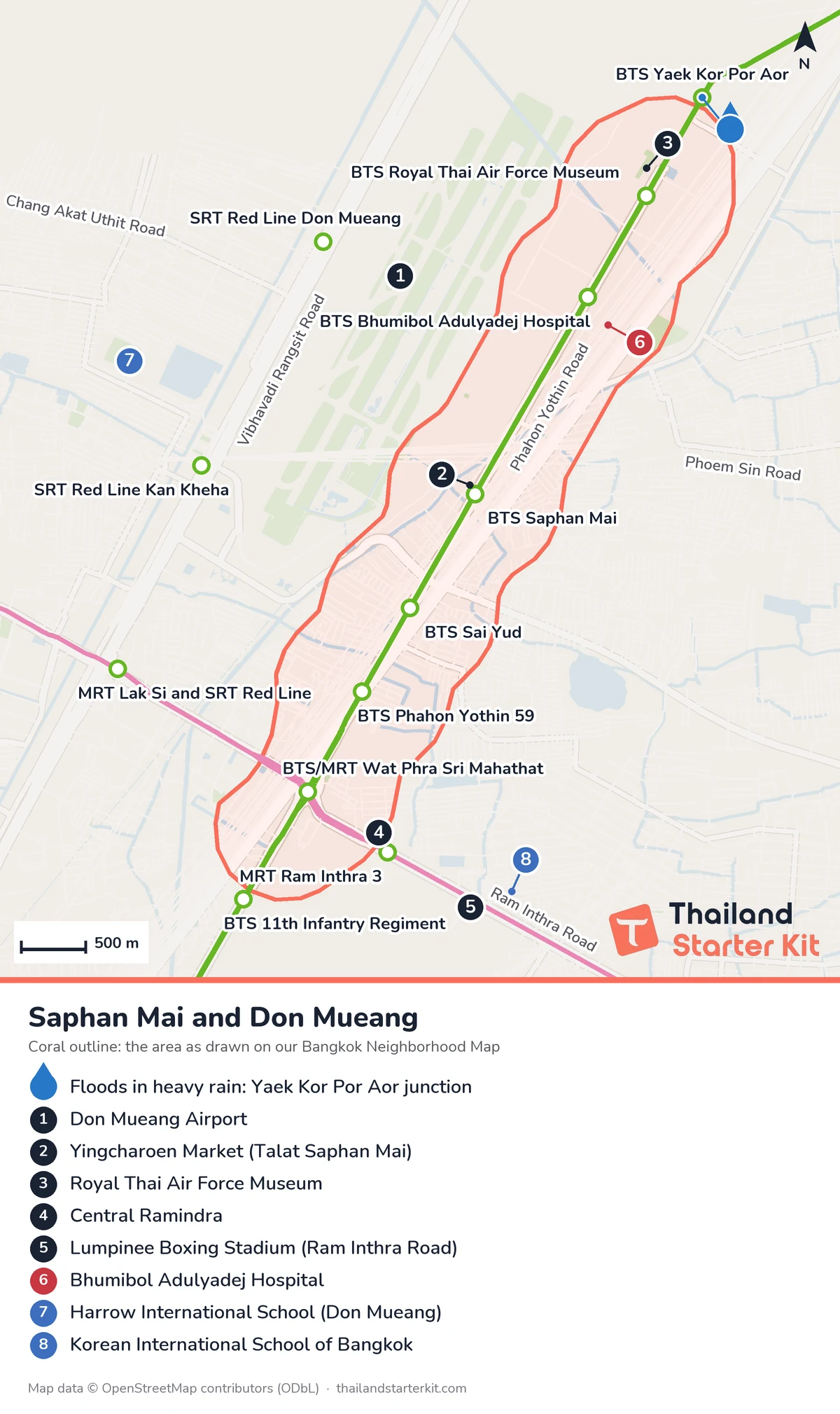 Map of Saphan Mai and Don Mueang showing the BTS Sukhumvit Line stations, the Pink Line, the SRT Red Line stations, Don Mueang Airport, Yingcharoen Market, Bhumibol Adulyadej Hospital and Harrow school