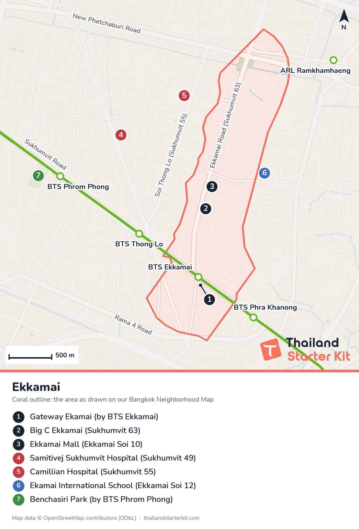 Map of Ekkamai, Bangkok, with BTS stations, main roads, malls, hospitals, an international school and the nearest park