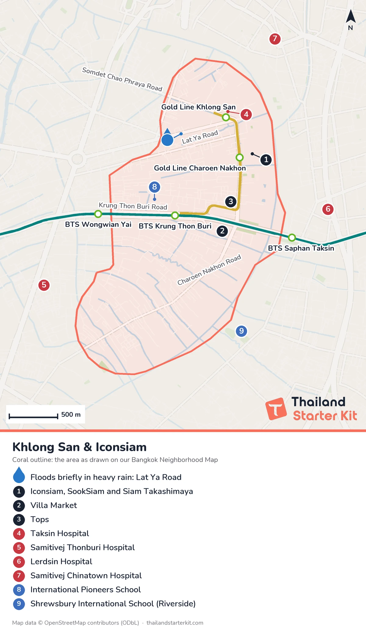 Map of Khlong San and Iconsiam in Bangkok with BTS and Gold Line stations, hospitals, schools and Iconsiam