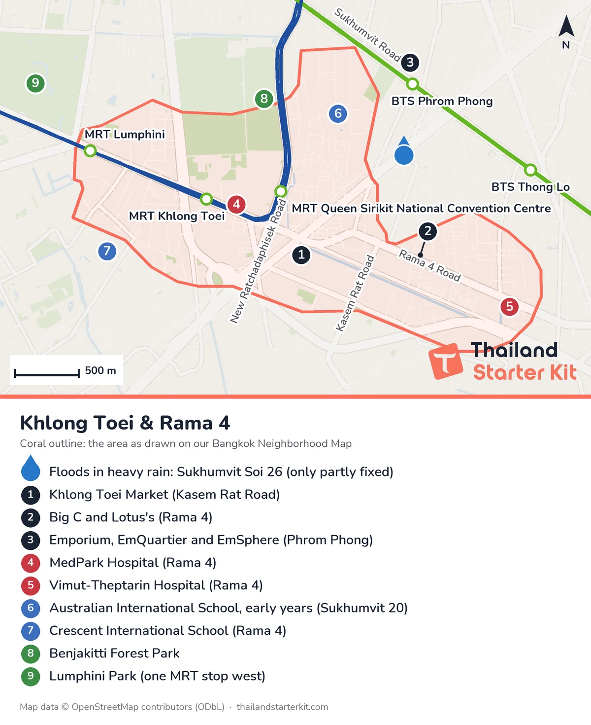 Map of Khlong Toei and Rama 4, Bangkok, with MRT and BTS stations, main roads, Khlong Toei Market, supermarkets and malls, hospitals, international schools, Benjakitti and Lumphini parks
