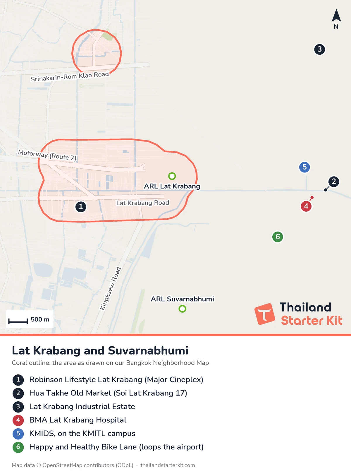 Map of Lat Krabang, Bangkok, with the Airport Rail Link stations, main roads, Robinson Lifestyle, Hua Takhe Old Market, the industrial estate, Lat Krabang Hospital, KMIDS and the airport bike lane marked