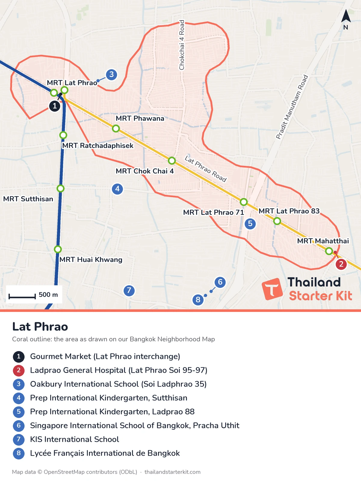 Map of Lat Phrao, Bangkok, with MRT Blue and Yellow Line stations, main roads, Gourmet Market at the Lat Phrao interchange, Ladprao General Hospital and nearby international schools