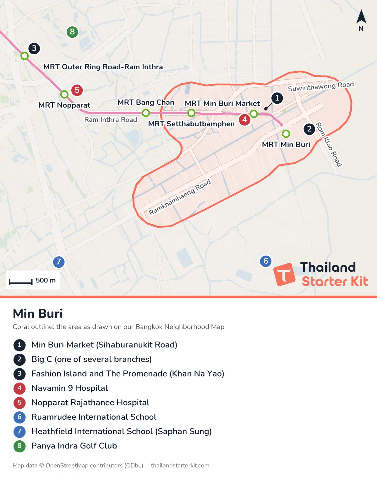 Map of Min Buri, Bangkok, with the MRT Pink Line stations, main roads, Min Buri Market, Big C, Fashion Island, hospitals, international schools and a golf course marked
