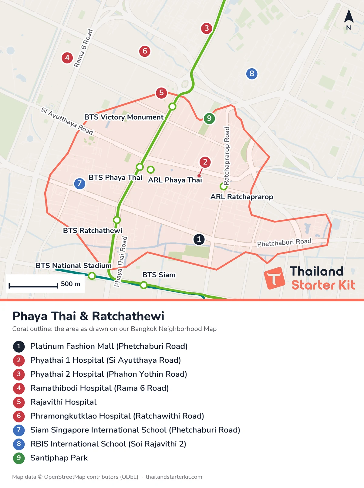 Map of Phaya Thai and Ratchathewi, Bangkok, with BTS and Airport Rail Link stations, main roads, Platinum Fashion Mall, hospitals, international schools and Santiphap Park