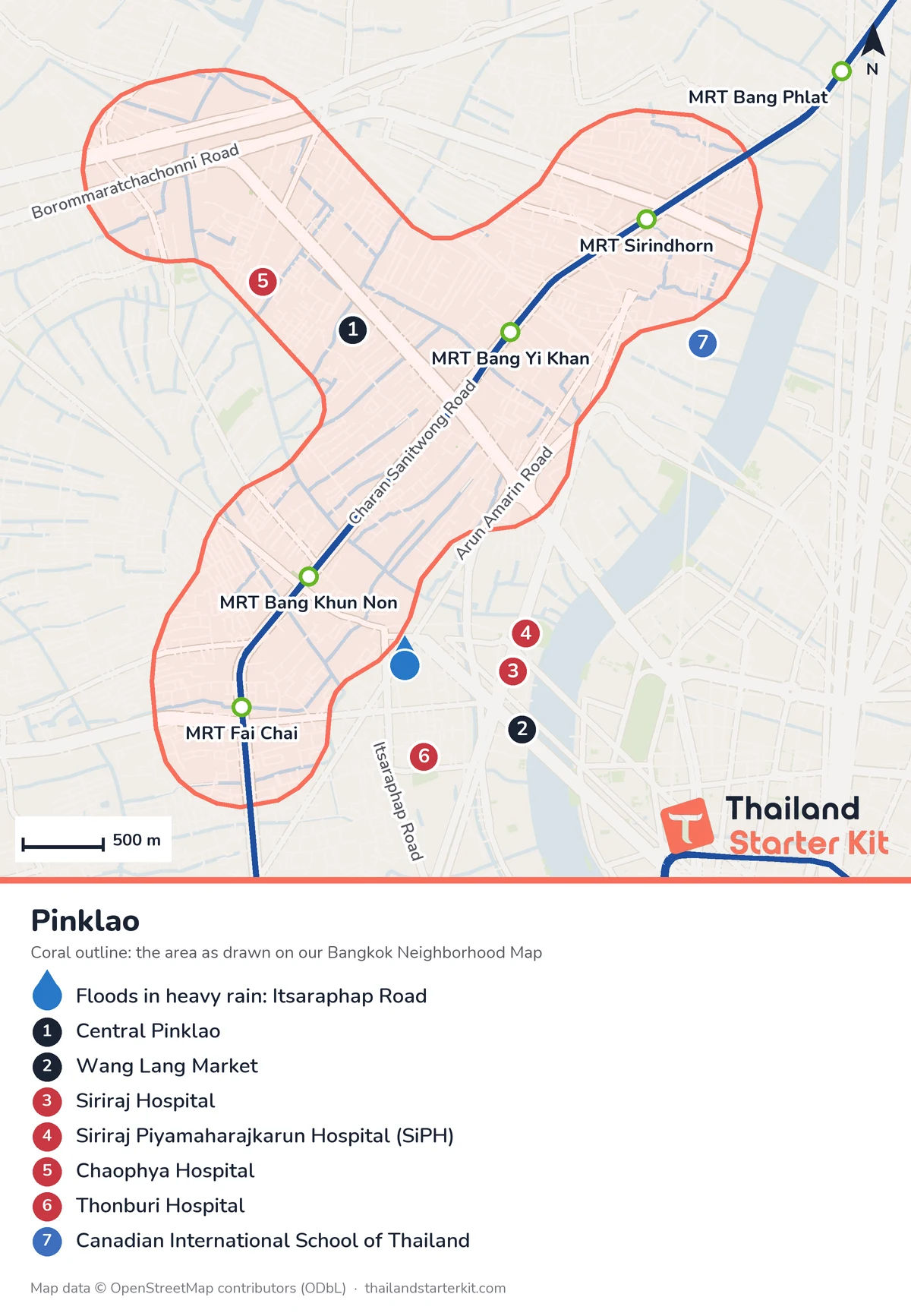 Map of Pinklao in Bangkok with MRT Blue Line stations, Central Pinklao, Wang Lang Market, hospitals and the Canadian International School of Thailand