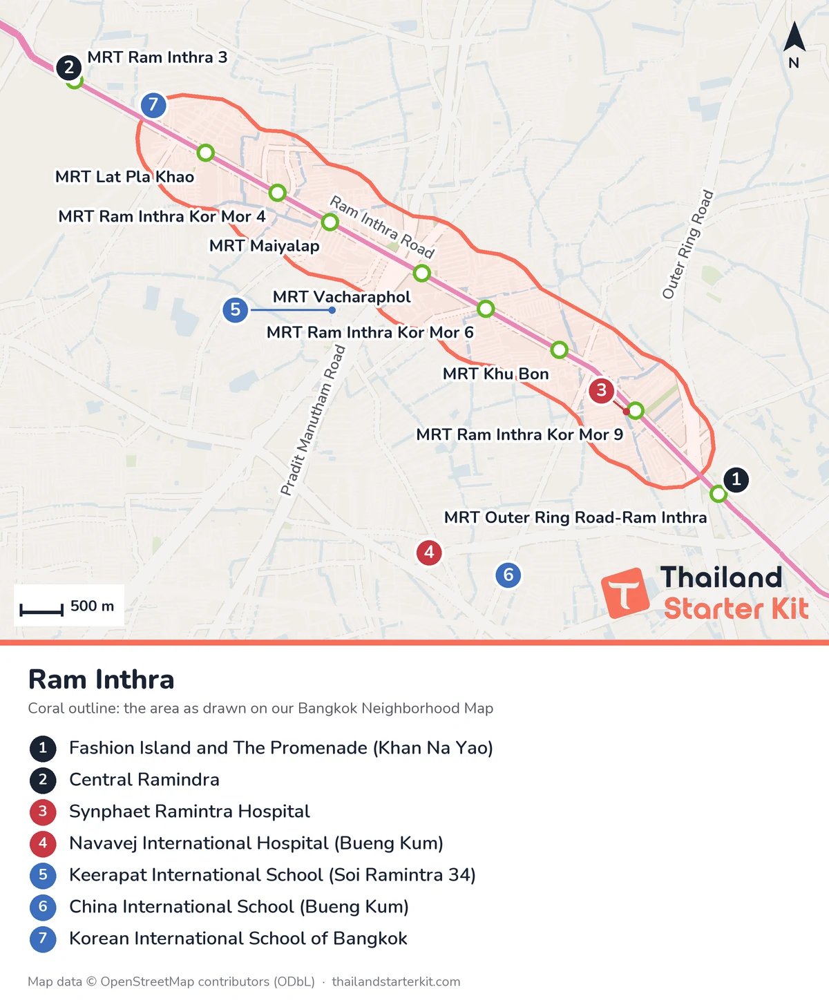 Map of Ram Inthra, Bangkok, with the MRT Pink Line stations along Ram Inthra Road, Fashion Island, Central Ramindra, hospitals and international schools marked