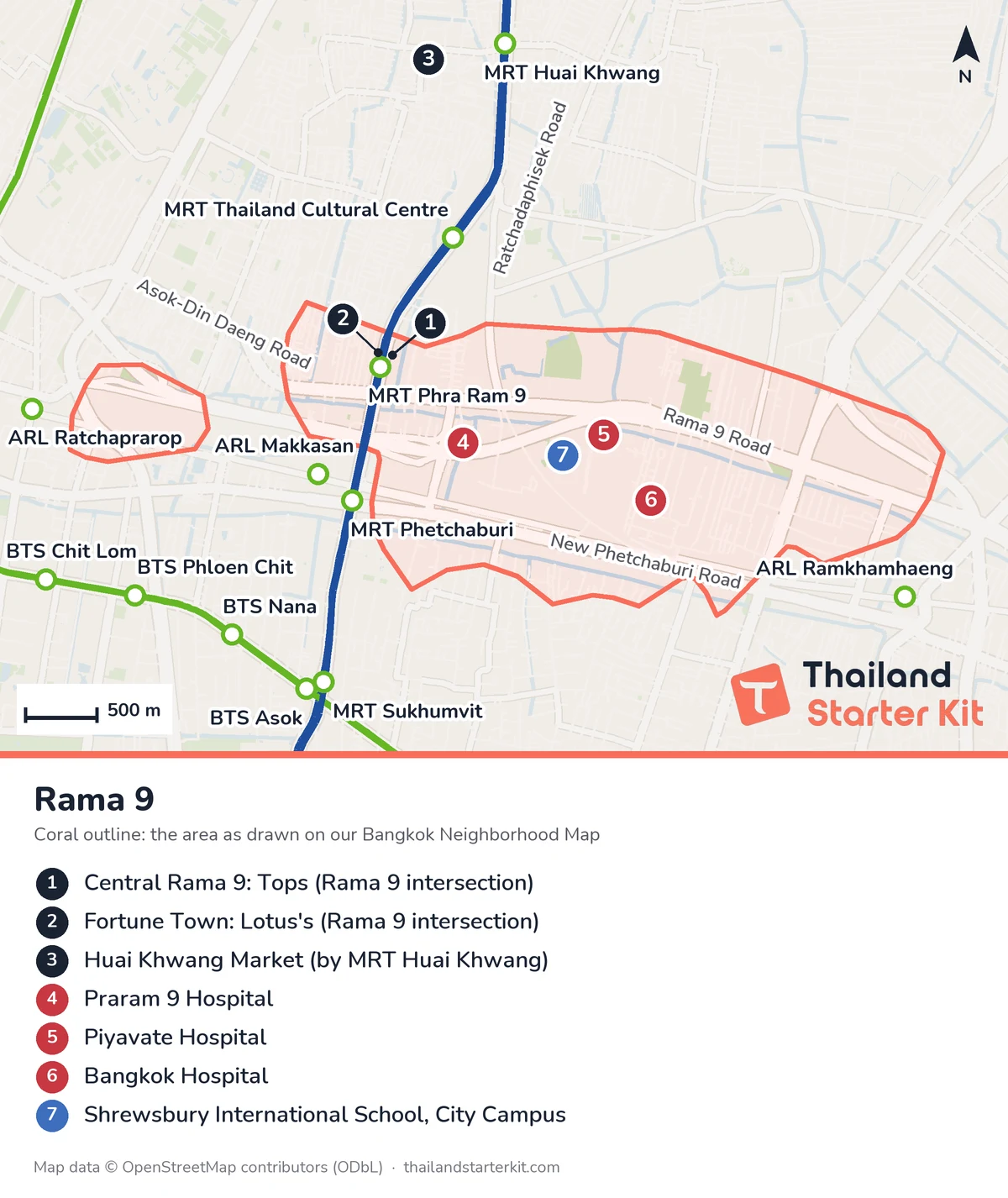 Map of Rama 9, Bangkok, with MRT, BTS and Airport Rail Link stations, main roads, Central Rama 9 and Fortune Town, Huai Khwang Market, hospitals and Shrewsbury City Campus