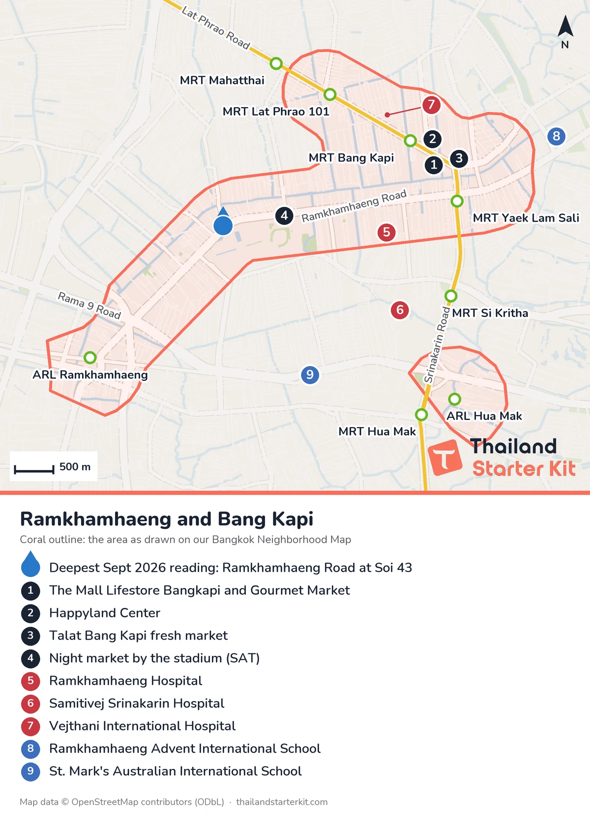Map of Ramkhamhaeng and Bang Kapi showing the area outline, Yellow Line and Airport Rail Link stations, malls, markets, hospitals and international schools