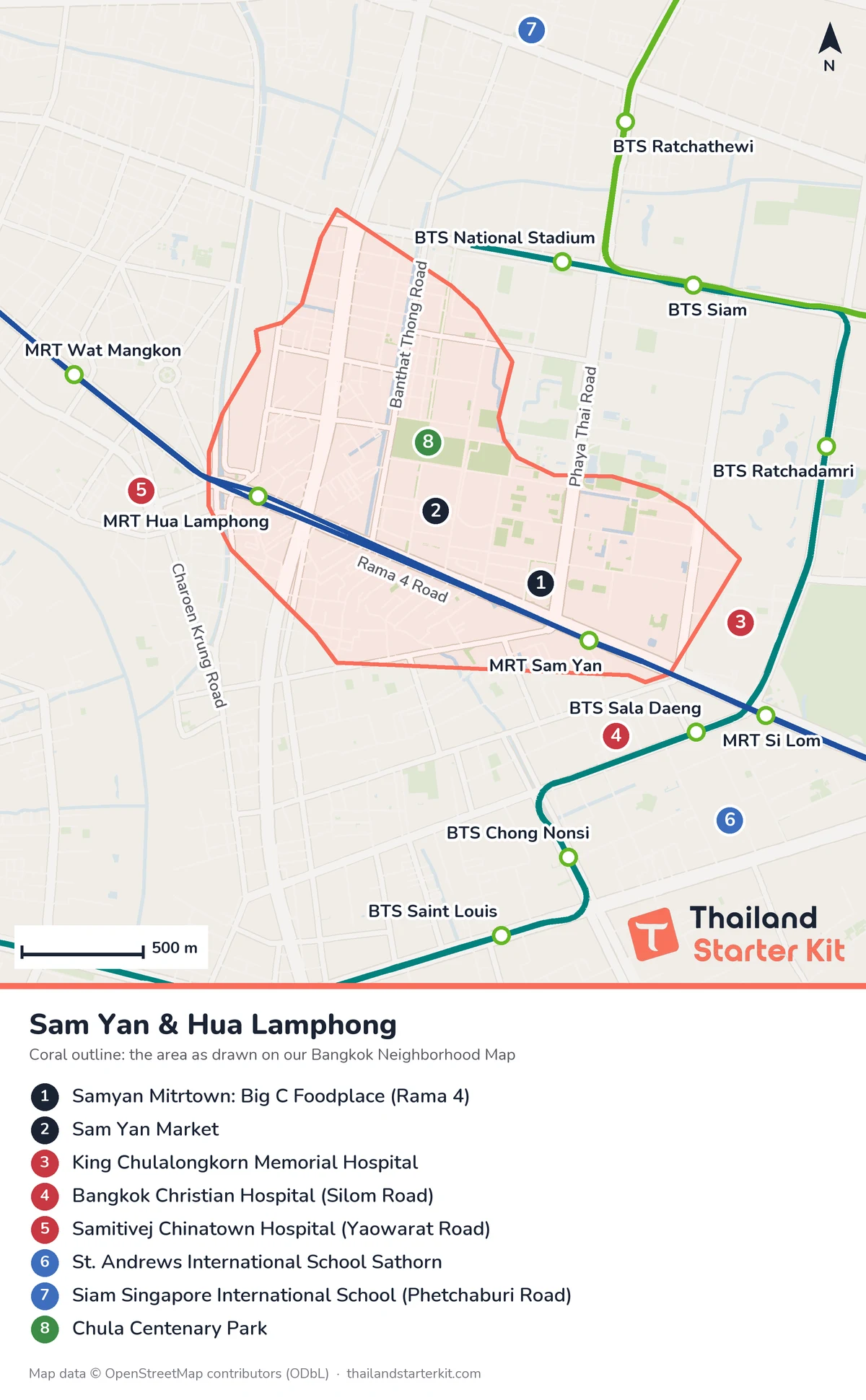 Map of Sam Yan and Hua Lamphong, Bangkok, with MRT and BTS stations, main roads, Samyan Mitrtown, Sam Yan Market, hospitals, international schools and Chula Centenary Park