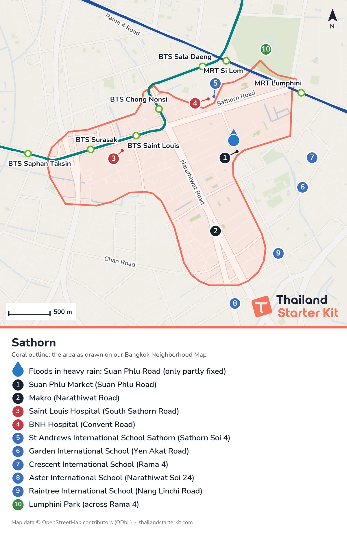 Map of Sathorn, Bangkok, with BTS and MRT stations, main roads, Suan Phlu Market, Makro, hospitals, international schools and Lumphini Park