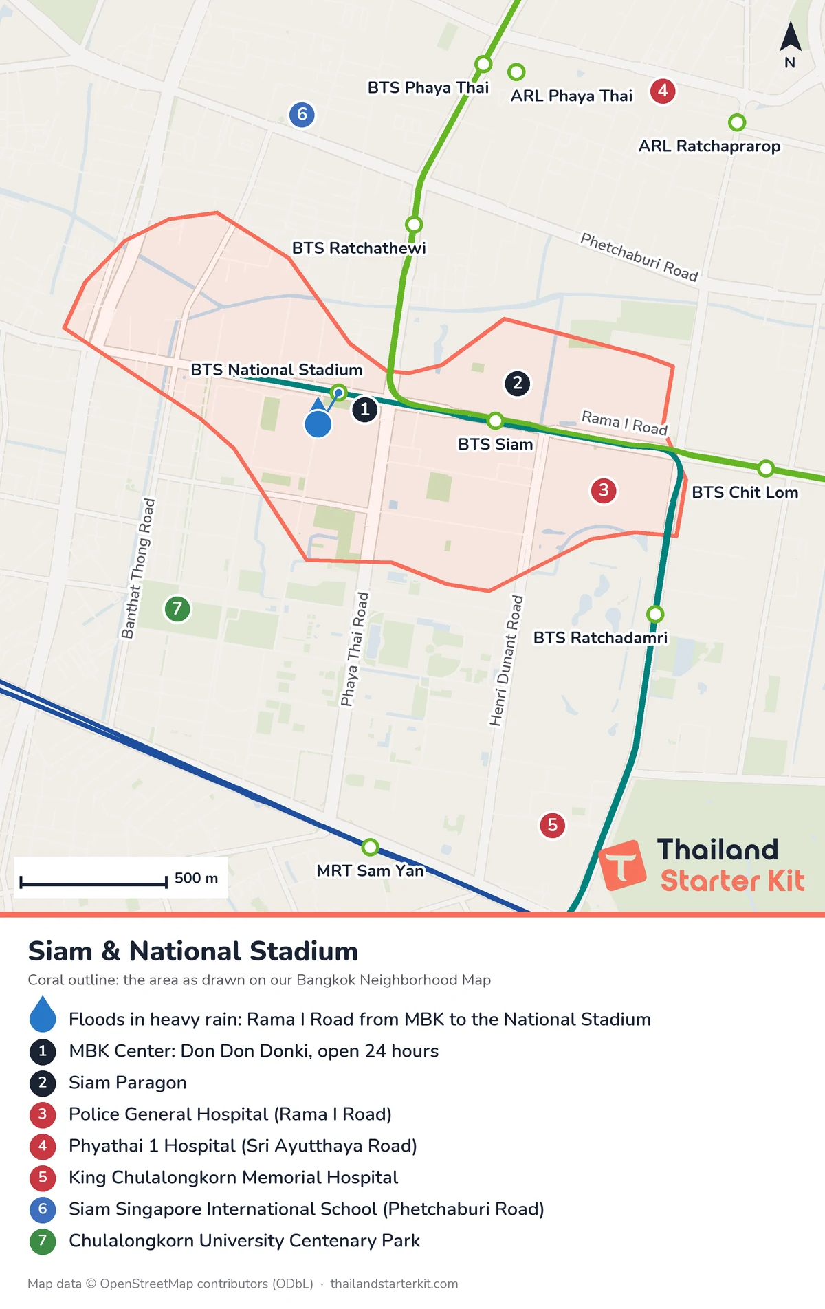 Map of Siam and National Stadium, Bangkok, with BTS, MRT and Airport Rail Link stations, main roads, MBK Center and Siam Paragon, hospitals, Siam Singapore International School and Chulalongkorn Centenary Park
