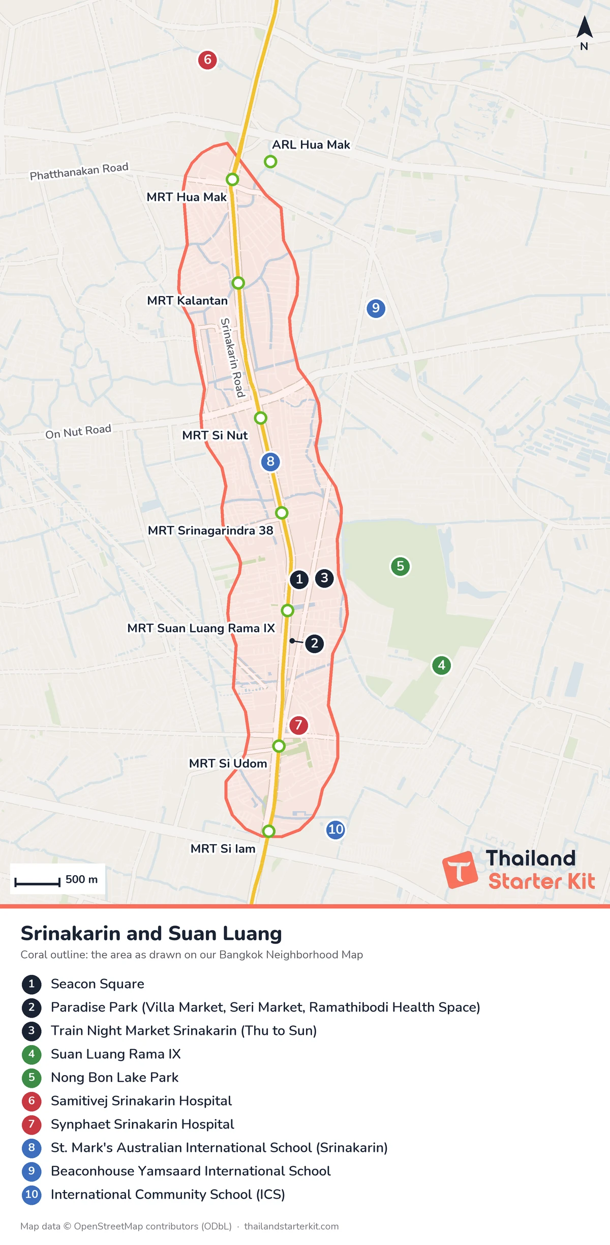 Map of Srinakarin and Suan Luang, Bangkok, with the MRT Yellow Line stations from Hua Mak to Si Iam, Srinakarin Road, Seacon Square, Paradise Park, the Train Night Market, Suan Luang Rama IX, Nong Bon Lake Park, hospitals and international schools marked