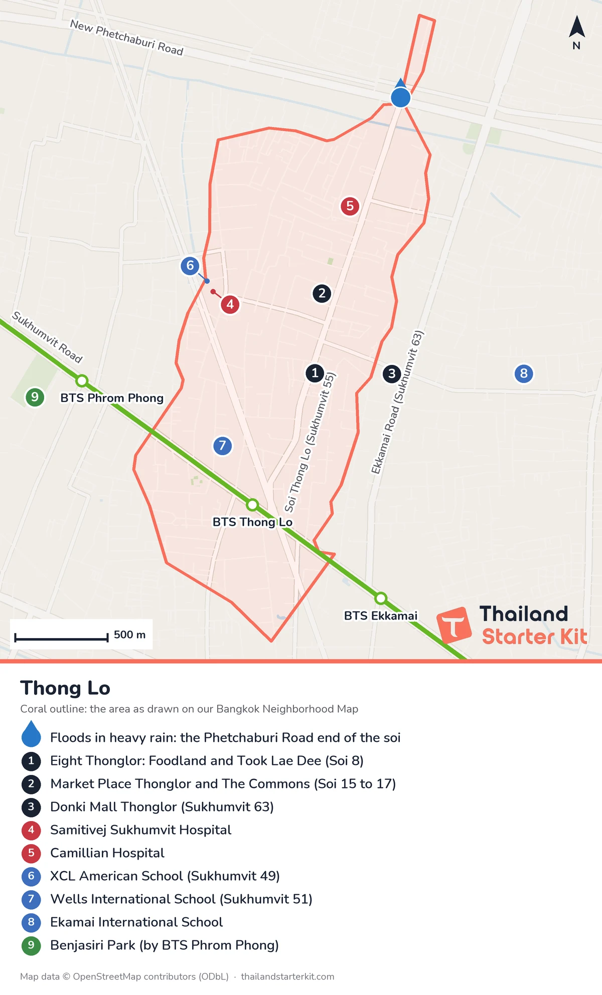 Map of Thong Lo, Bangkok, showing the neighborhood outline, BTS stations, malls, hospitals, international schools and the flood-prone end of the soi