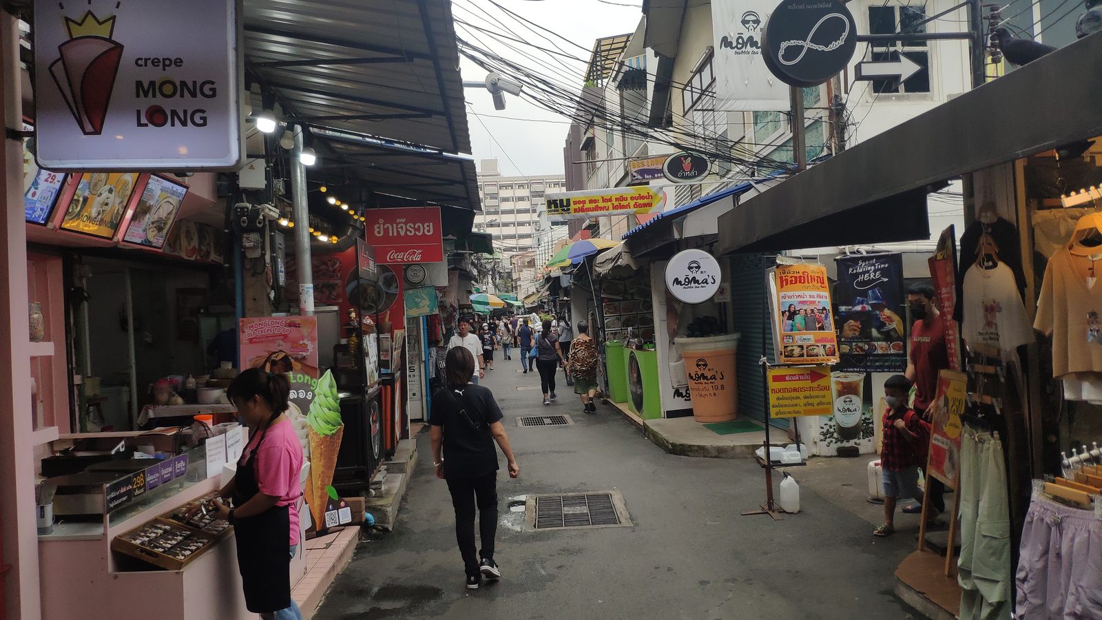 A market lane with shops behind Siriraj Hospital