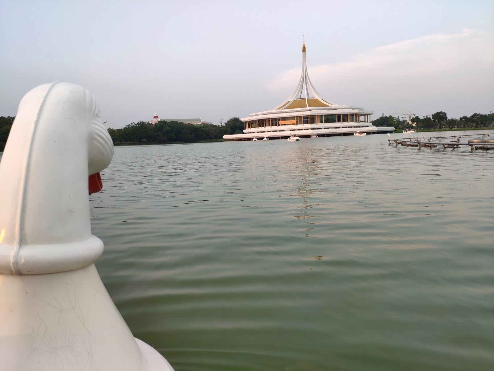 The lake and royal pavilion in Suan Luang Rama IX park, Bangkok, seen from a swan boat